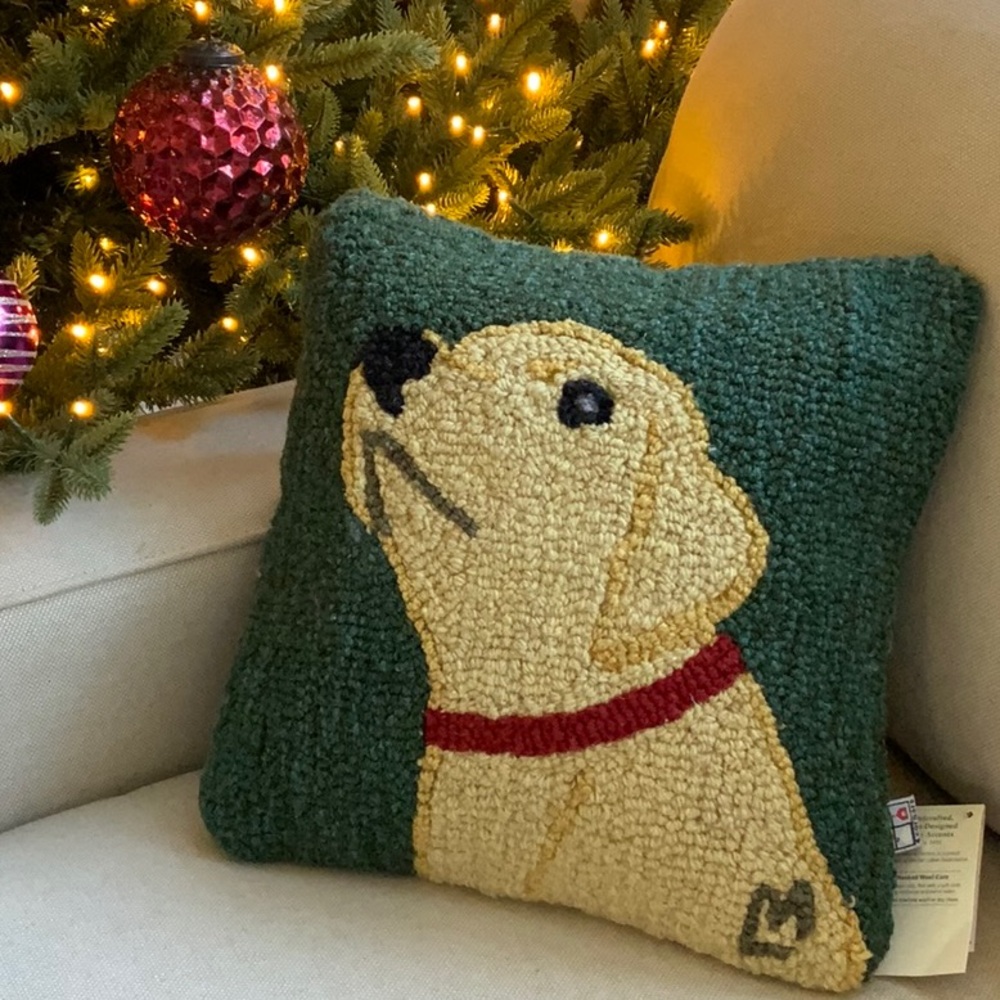 💖WOOL Chandler 4 Corners HANDCRAFTED Hooked Wool Curious Yellow Lab Dog 🐶 Pillow
